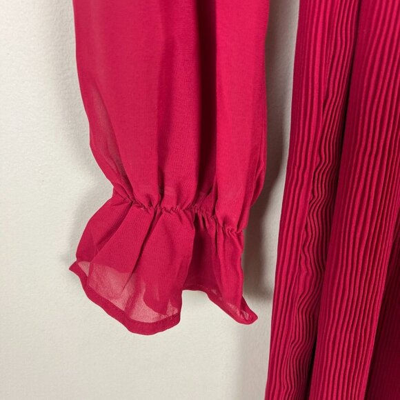 Anrabees Midi Dress XL Maroon Pleated Long Puff Sleeve Ruffle A-line Chiffon NEW - Picture 6 of 16